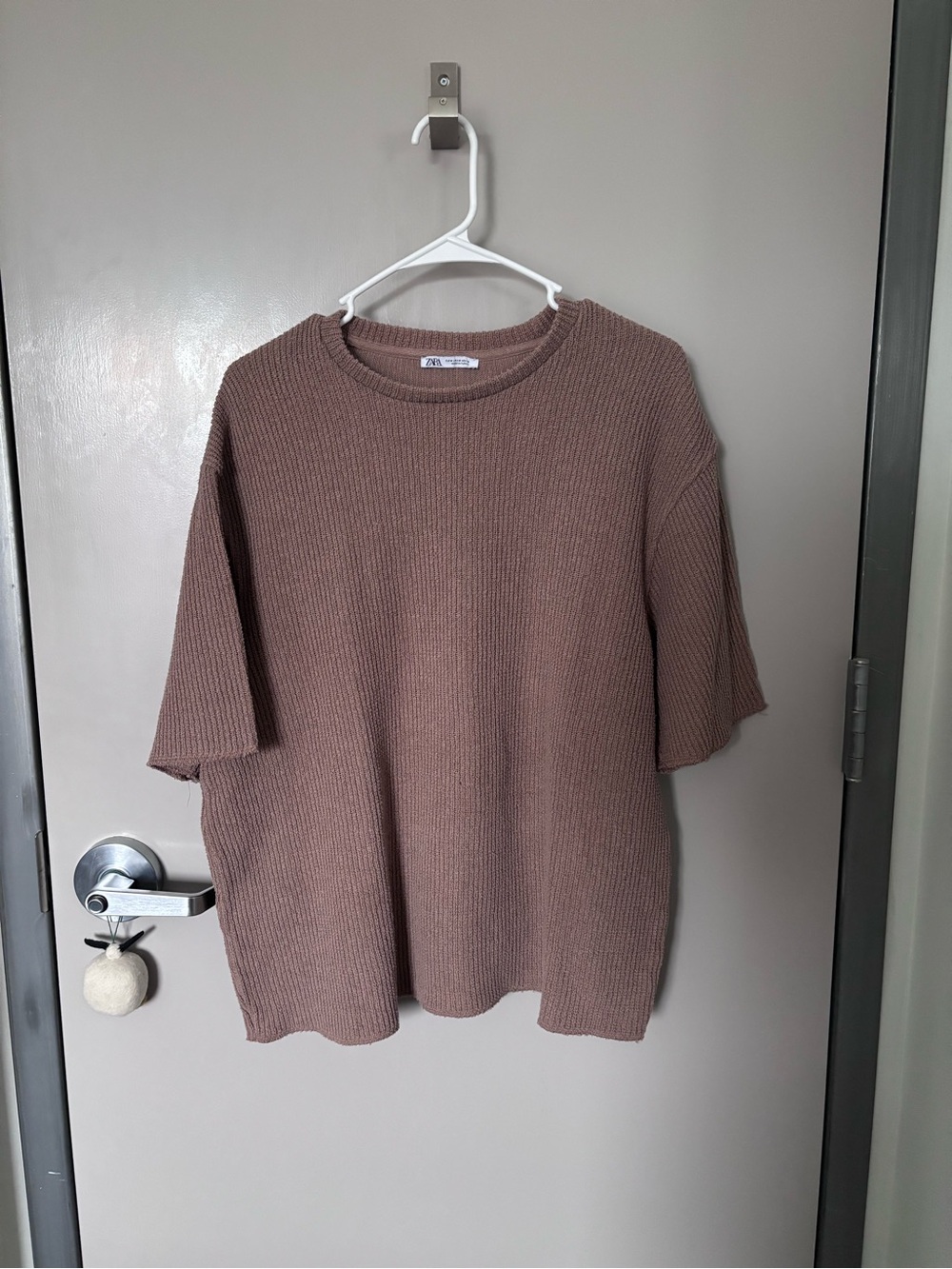 Zara Short-Sleeve Crewneck Sweater in Taupe Brown